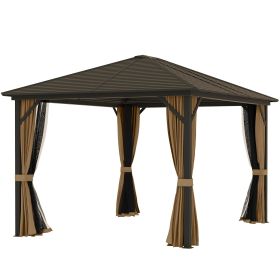 10' x 12' Hard Roof Gazebo with Curtains and Netting, Gazebo with Aluminum Frame and Hooks, Coffee