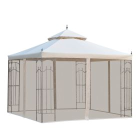 10x10 Steel Patio Gazebo Canopy Cream White with Mesh Curtains Shelves