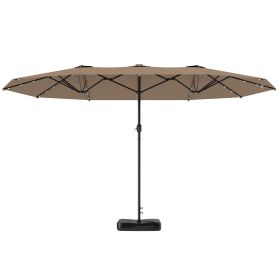Garden Parasol 14.4 ft. Double-Sided Sun Umbrella with Base, Patio Parasol with LED Solar Lights, Khaki