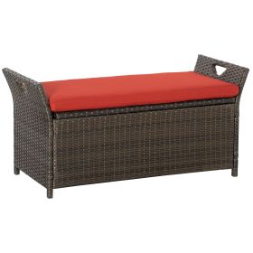 Patio Wicker Storage Bench Red 27 Gallon Outdoor PE Rattan Furniture Large Capacity Footstool Rectangle Box