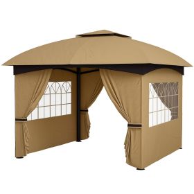 11' x 11' Outdoor Gazebo, Double Roof Patio Gazebo with Curtains, Church Windows, Galvanized Steel Frame, Beige