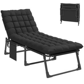 Folding Chaise Lounge Chair Outdoor Tanning Chair with 5-Position Backrest, Cushion, Side Pocket, Black