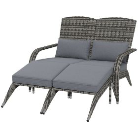 Wicker Adirondack Chair for 2 with Cushions & Footrests, PE Rattan Double Chaise Lounge Chair, Fire Pit Chair for Porch with High-back, Wide Armr