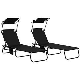 Folding Chaise Lounge Pool Lounge Chairs Set of 2, Outdoor Sun Tanning Chairs with Canopy Shade, Reclining Back, Steel Frame and Side Pocket for